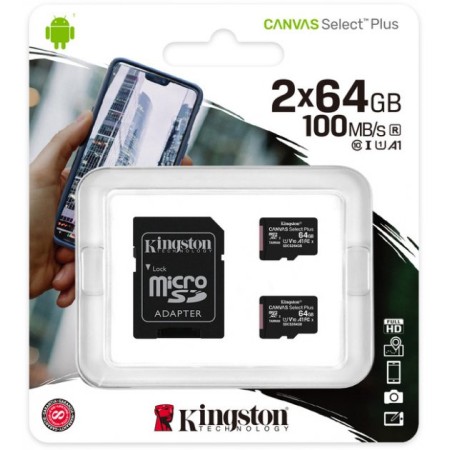 64 ГБ Карта памяти Kingston Canvas Select Plus microSDXC (SDCS2/64GB-2P1A) 2 шт + адаптер черный