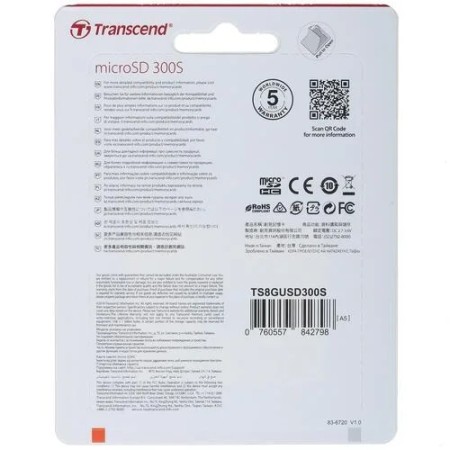 8 ГБ Карта памяти Transcend 300S microSDHC (TS8GUSD300S) белый