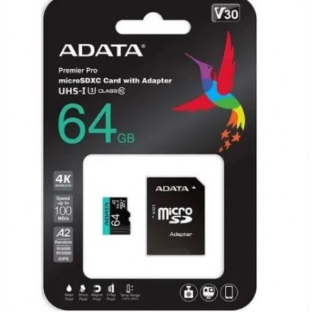 64 ГБ Карта памяти ADATA Premier Pro microSDXC (AUSDX64GUI3V30SA2-RA1) + адаптер черный