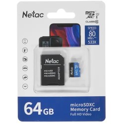 64 ГБ Карта памяти Netac P500 microSDXC (NT02P500STN-064G-R) черный + адаптер 64 ГБ Карта памяти Netac P500 microSDXC (NT02P500STN-064G-R) черный + адаптер