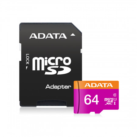 64 ГБ Карта памяти ADATA microSDXC (AUSDX64GUICL10A1-RA1) + адаптер розовый