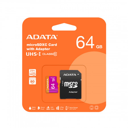 64 ГБ Карта памяти ADATA microSDXC (AUSDX64GUICL10A1-RA1) + адаптер розовый