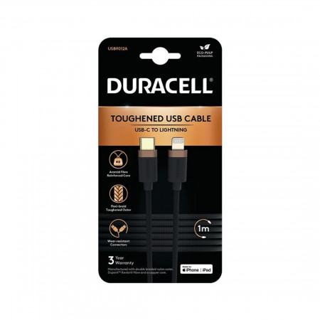 Кабель Lightning 8-pin MFI - USB Type-C Duracell USB9012A 1 м черный