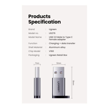 Переходник USB 3.1 Type-C - USB 3.0 Type-A UGREEN US276 (50533) 0.15 м серый