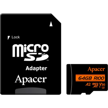 64 ГБ Карта памяти Apacer microSDXC (AP64GMCSX10U8-R) чёрный + адаптер