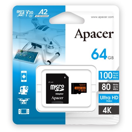 64 ГБ Карта памяти Apacer microSDXC (AP64GMCSX10U8-R) чёрный + адаптер