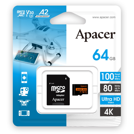 64 ГБ Карта памяти Apacer microSDXC (AP64GMCSX10U8-R) чёрный + адаптер