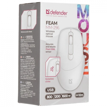 Мышь беспроводная Defender Feam MM-296 (52297) белый