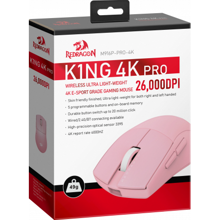 Мышь беспроводная + проводная Redragon K1NG 4K PRO (72213) розовый
