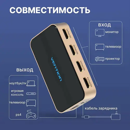 Сплиттер HDMI Type-A - 4хHDMI Vention ACCG0-EU 0.15 м золотой