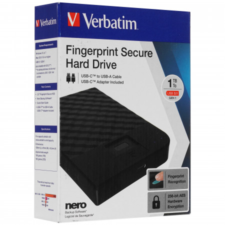 1 ТБ Внешний жесткий диск Verbatim Fingerprint Secure (53650) черный