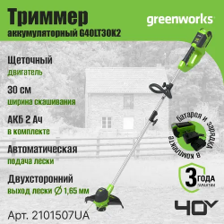 Триммер аккумуляторный Greenworks 2101507UA черный/зеленый с аккумулятором