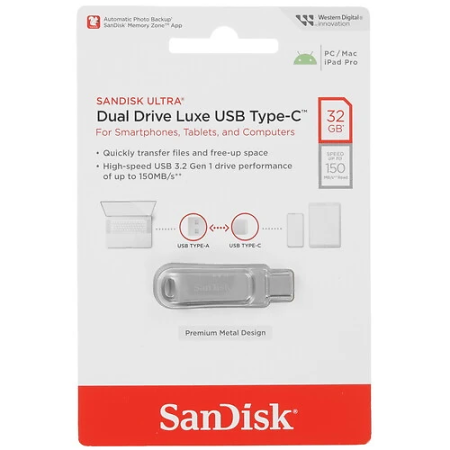 64 ГБ USB Флеш-накопитель SanDisk Ultra Dual Drive Luxe (SDDDC4-064G-G46) серебристый